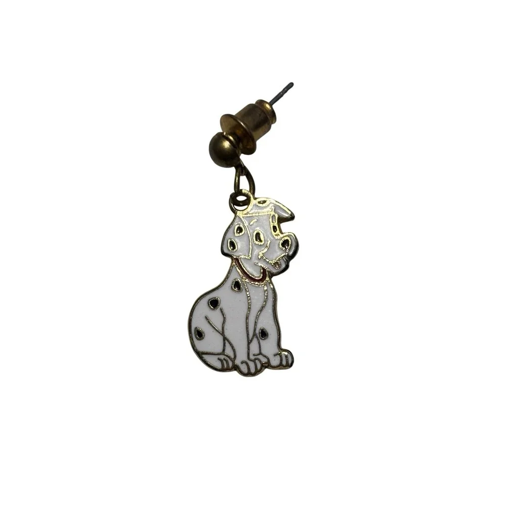 Vintage Disney Gold Tone Enamel 101 Dalmatians Puppy Dog Pierced Dangle Earrings